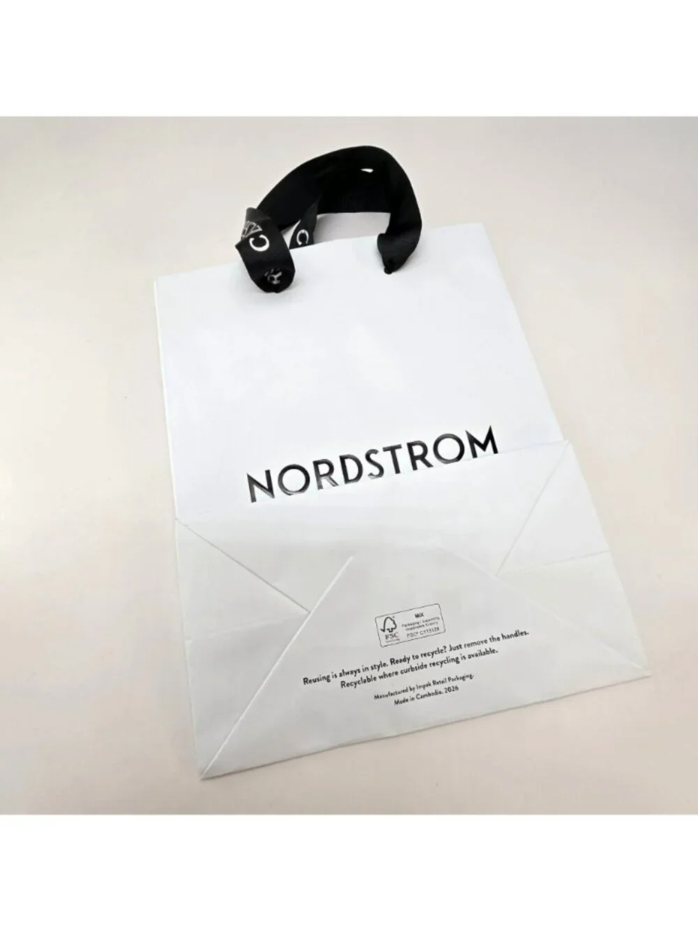Nordstrom Celebrating 125 Years White Shopping Bag With Black Ribbon Handles VR9